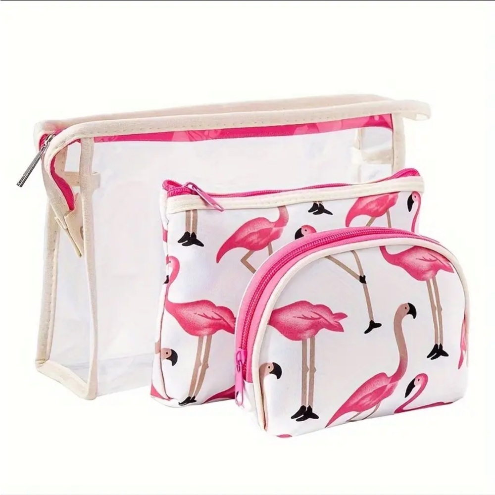 Flamingo Print Trio Set Pink Cosmetic Bag
White and Pink with free items NWOT